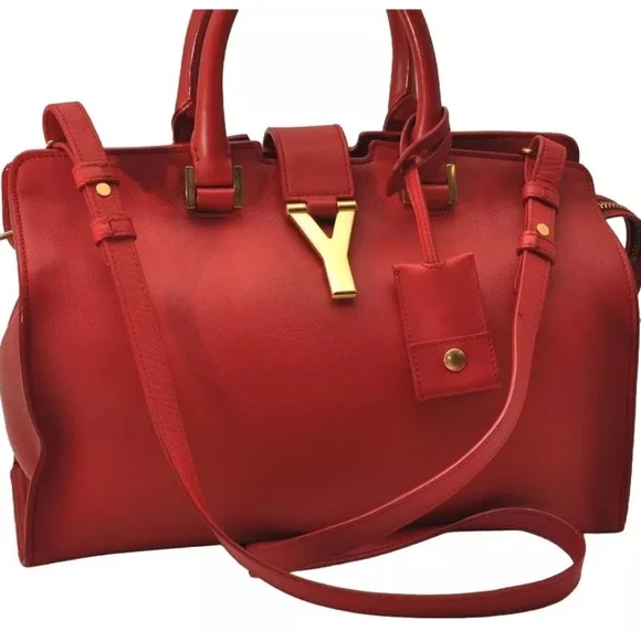 YVES SAINT LAURENT Cabas 2Way Shoulder Tote Bag Leather Red - Picture 1 of 11